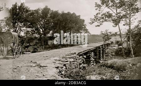 Bull Run, Va. New bridge built by McDowell's engineers; photographer's wagon at left. Stock Photo