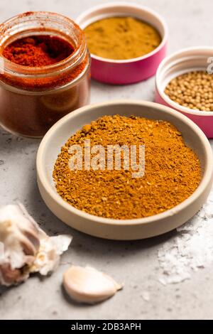 Group of Spices, Cayenne Pepper, Coriander Seeds, Garam Masala, Za'atar Stock Photo