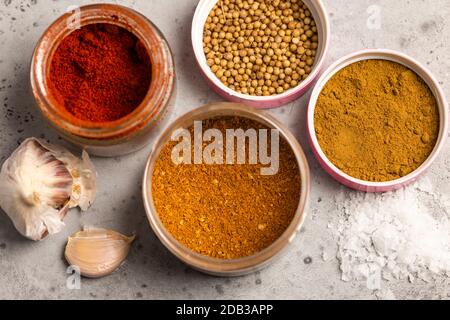 Group of Spices, Cayenne Pepper, Coriander Seeds, Garam Masala, Za'atar Stock Photo