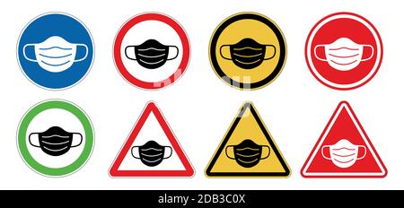 Different respiratory protection and face mask warning signs set vector illustration Stock Vector