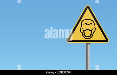 Yellow respiratory protection face mask caution and warning sign with triangular shape. Vector illustration with blue background Stock Vector