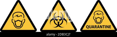 Yellow black respiratory protection quarantine and biohazard warning signs with triangular shape Stock Vector