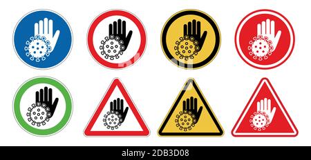 Stop the covid corona virus and fight corona warning sign. Hand palm stop symbol vector illustration icon Stock Vector