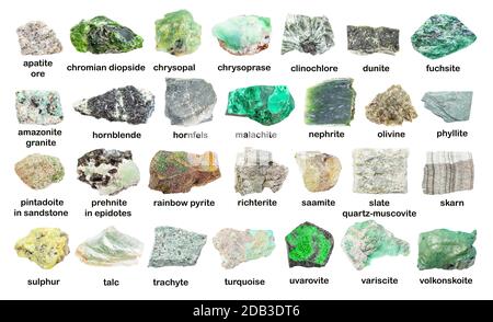 set of various green unpolished stones with names (variscite, turquoise, saamite, richterite, pintadoite, pyrite, fuchsite, trachyte, phyllite, uvarov Stock Photo