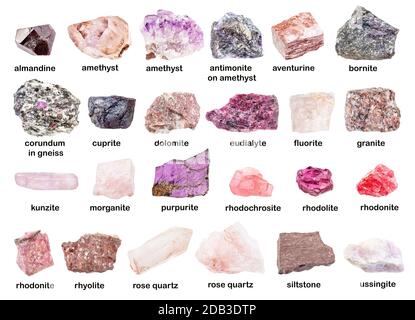 set of various unpolished pink stones with names (purpurite, eudialyte, corundum, dolomite, ussingite, siltstone, cuprite, amethyst, morganite, rhodon Stock Photo