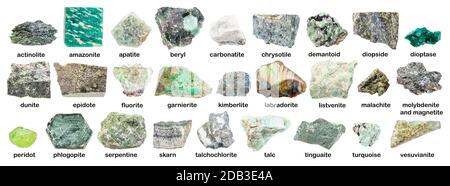 set of various green rough stones with names (labradorite, chrysotile, fluorite, tinguaite, phonolite, carbonatite, apatite, glaucophane, skarn, kimbe Stock Photo