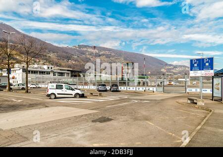 Lugano-Agno, Ticino, Switzerland - February 24, 2017: Parking area of Lugano-Agno Airport. Stock Photo