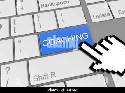 A digital illustration of a computer keyboard with a mouse clicking on a blue coaching button Stock Photo