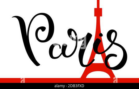 Hand lettering Paris with the Eiffel tower on the background. Template for card, poster, print. Stock Vector