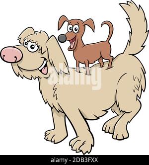 Cartoon illustration of funny little dog on big one comic characters Stock Vector