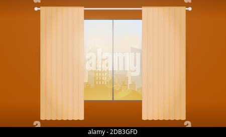 View of the daytime modern city from the window with curtains. Lights on in the room. Modern cityscape, skyline. Vector illustration in a flat style. Stock Vector