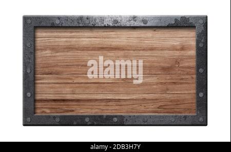 Old grunge wooden sign with metal frame isolated on white background Stock Photo