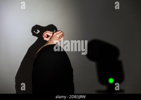 play shadow projected on a white screen. the person's hands and head give shape to a monster. Stock Photo