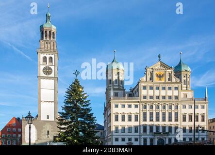 Christmas tree at the christmas market in the city of Augsburg Stock Photo