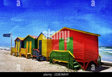 Landscape with colorful wooden changing huts on the beach in Muizenberg South Africa