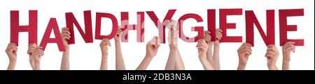 People Hands Holding Red German Word Handhygiene Means Hand Hygiene. White Isolated Background