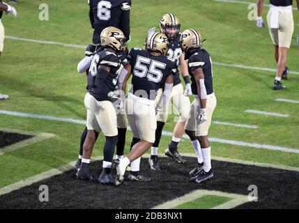 West Lafayette, Indiana, USA. 14th Nov, 2020. Purdue defenders celebrate sack during NCAA football game action between the Northwestern Wildcats and the Purdue Boilermakers at Ross-Ade Stadium in West Lafayette, Indiana. Northwestern defeated Purdue 27-20. John Mersits/CSM/Alamy Live News Stock Photo
