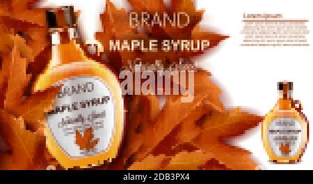 Bottle of naturally sweet maple syrup submerged in autumnal leaves. Place for text. Realistic 3D mockup product placement. Vector Stock Vector