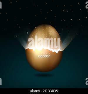 Broken golden easter egg giving birth to the universe. Rays of light and stars from cracks in an easter egg of gold on a dark background. Vector Stock Vector