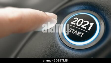 Finger about to press a car ignition button with the text 2021 start. Year two thousand and twenty one concept. Composite image between a hand photogr Stock Photo