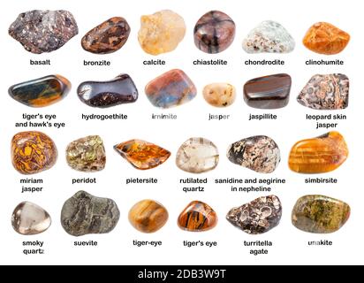 set of various brown gemstones with names ( bronzite, pietersite, clinohumite, turritella, miriam, hydrogoethite, basalt, simbirsite, irnimite, chiast Stock Photo