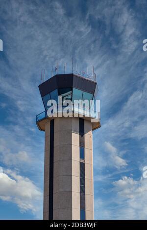 Control tower at a small regional airport against a clear blue sky Stock Photo