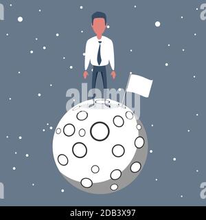 Business concept of goal achievement. Handsome businessman hoisting the flag on the Moon. Stock vector illustration. Stock Vector