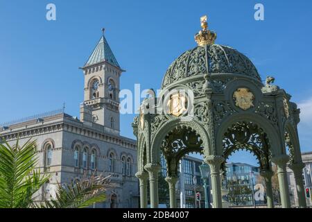 Queen Victoria fountain with town Hall at Dun Laoghaire in County Dublin, Ireland Stock Photo