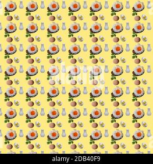 Seamless pattern with repeating breakfast objects. Orsini egg, whole eggs and salt shaker on a yellow background. Stock Photo
