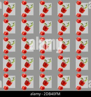 Seamless repeating pattern of glasses with tomato juice and fresh tomatoes.Seamless repeating pattern of glasses with tomato juice and fresh tomatoes Stock Photo