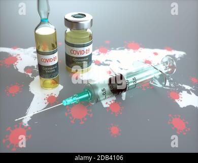 Conceptual image for the discovery of a vaccine for the Covid-19, Coronavirus, 2019-nCoV, SARS-CoV-2. 3D illustration. Stock Photo