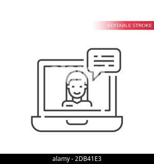 Laptop, woman and chat bubble line vector icon. Customer support or help concept outline symbol. Stock Vector