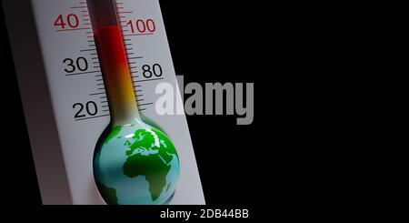 Earth in the Shape of a Thermometer Close up on Black Background with Copy Space 3D Illustration, World Pandemic Concept Stock Photo