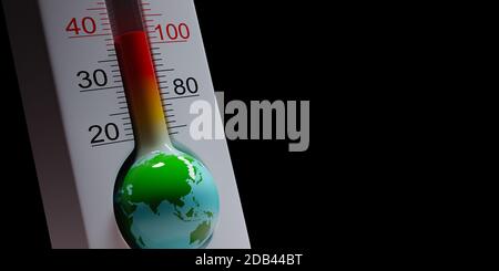 Earth in the Shape of a Thermometer Close up on Black Background with Copy Space 3D Illustration, World Pandemic Concept Stock Photo