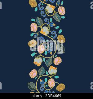Vector royal baroque intarsia style peony border. Seamless floral garland with hand drawn historic florals on dark blue background. Nature background. Marble intarsia effect. Stock Vector