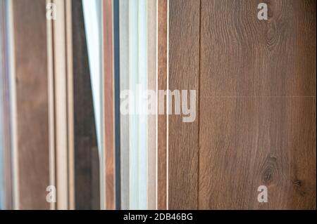 samples of wooden flooring in shop. Stock Photo