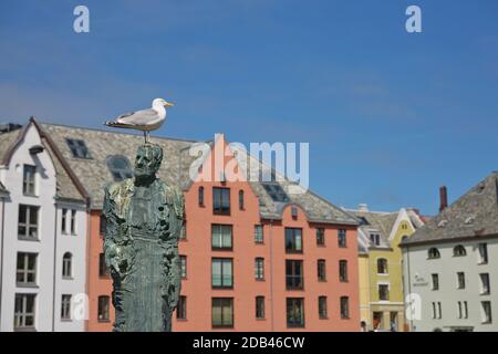 ALESUND, NORWAY - MAY 29, 2017: Buildings architecture Jugendstil (or better known as Art Nouveau). City of Alesund in Norway  was rebuild completely Stock Photo