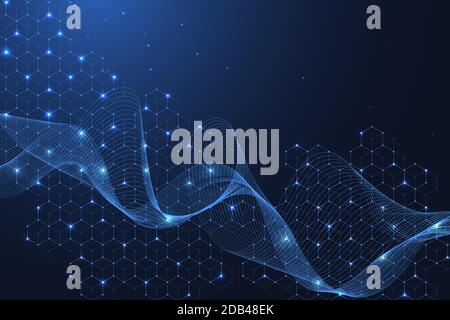 Molecular structure background. Science template wallpaper or banner with a DNA molecules. Asbtract scientific molecule background. Wave flow Stock Vector