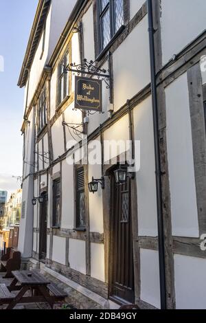 Side entrance and timbered walls of the Duke of Wellington pub / public house in the old city part of Southampton, Hampshire, England, UK Stock Photo