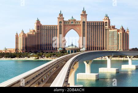 DUBAI, UAE - JANUARY 26: Atlantis the Palm is a luxury hotel in Dubai, Monorail connects the Palm Jumeirah to the mainland. UAE circa January 2016 Stock Photo