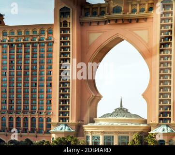 DUBAI, UAE - JANUARY 26: Architecture of Dubai Atlantis the Palm is a luxury 5 star hotel in Dubai, UAE circa January 2016, Close up detail of the bui Stock Photo