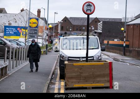 Low-traffic neighbourhood barriers put in place in Kings Heath on 16th November 2020 in Birmingham, United Kingdom. These traffic restrictions, many of which have been rushed through by local councils during the Coronavirus pandemic have created controversy in local communities, many of whom object the road closures which affect some businesses and roads adversely. The green measures, which have been named 'places for people' by Birmingham City Council are designed reduce traffic and to promote walking and cycling have been criticised for being environmentally unsound, and forcing traffic onto