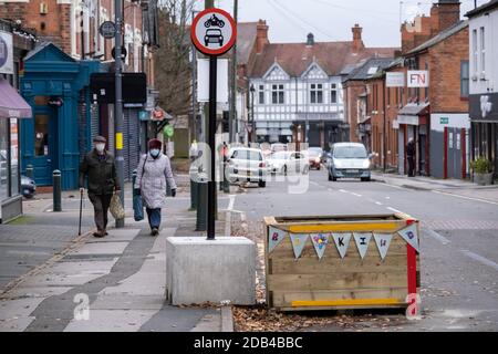 Low-traffic neighbourhood barriers put in place in Kings Heath on 16th November 2020 in Birmingham, United Kingdom. These traffic restrictions, many of which have been rushed through by local councils during the Coronavirus pandemic have created controversy in local communities, many of whom object the road closures which affect some businesses and roads adversely. The green measures, which have been named 'places for people' by Birmingham City Council are designed reduce traffic and to promote walking and cycling have been criticised for being environmentally unsound, and forcing traffic onto Stock Photo