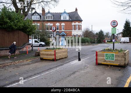 Low-traffic neighbourhood barriers put in place in Kings Heath on 16th November 2020 in Birmingham, United Kingdom. These traffic restrictions, many of which have been rushed through by local councils during the Coronavirus pandemic have created controversy in local communities, many of whom object the road closures which affect some businesses and roads adversely. The green measures, which have been named 'places for people' by Birmingham City Council are designed reduce traffic and to promote walking and cycling have been criticised for being environmentally unsound, and forcing traffic onto