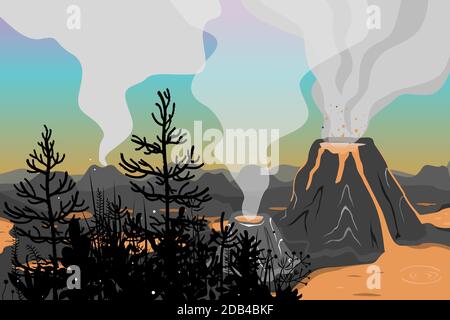 Prehistoric landscape with jurassic flora and volcano eruption, lava and smoky sky. Vector background with mountains and volcanoes in flat cartoon Stock Vector