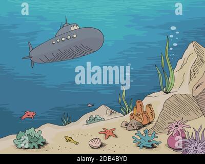 Underwater submarine graphic sea color sketch illustration vector Stock Vector