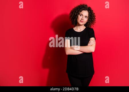 Photo of funky wavy brunette lady look empty space hold telephone wear ...