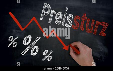 Preissturz (in german price fall) is written by hand on blackboard. Stock Photo