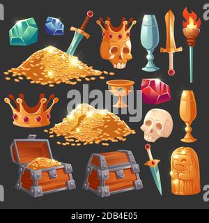 Cartoon treasure chest with golden coins, crystal magic gems, human skull in crown, sword in gold pile and goblet with precious rocks, ancient statue and burning torch vector illustration, icons set Stock Vector