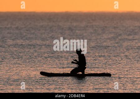 Silhouette of a woman on a paddleboard at sea in low evening light, using a mobile phone. Stock Photo